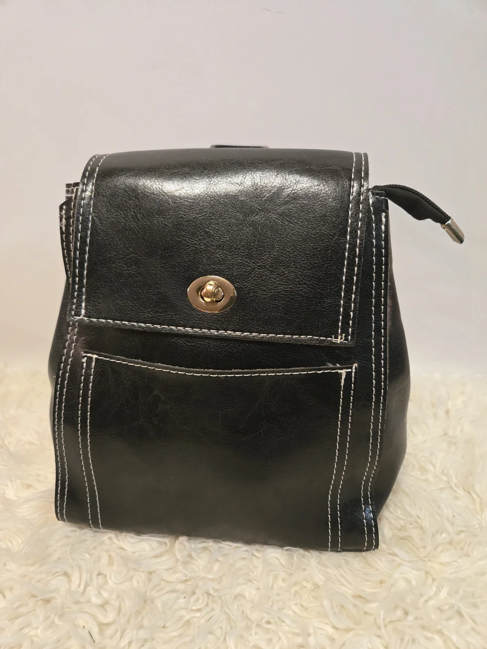VEGAN Black Leather Crossbody Bag with Contrast Stitching